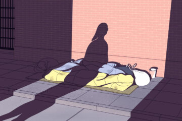 An illustration of a houseless person asleep on a sidewalk, the shadow of an onlooker cast over their body.
