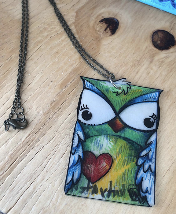 small handmade brightly colored owl necklace