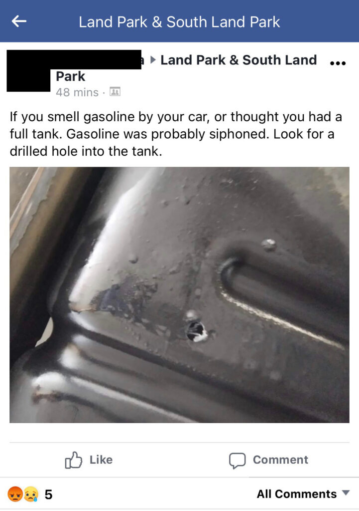 Facebook post about drilling in the gas tank
