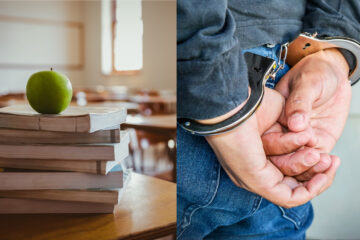 textbooks and apple and man with handcuffs