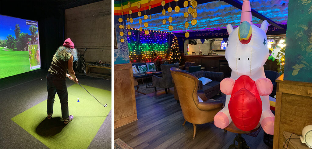 My friend Becka plays the golf simulator (left). photo of one of the bars in the space (right).