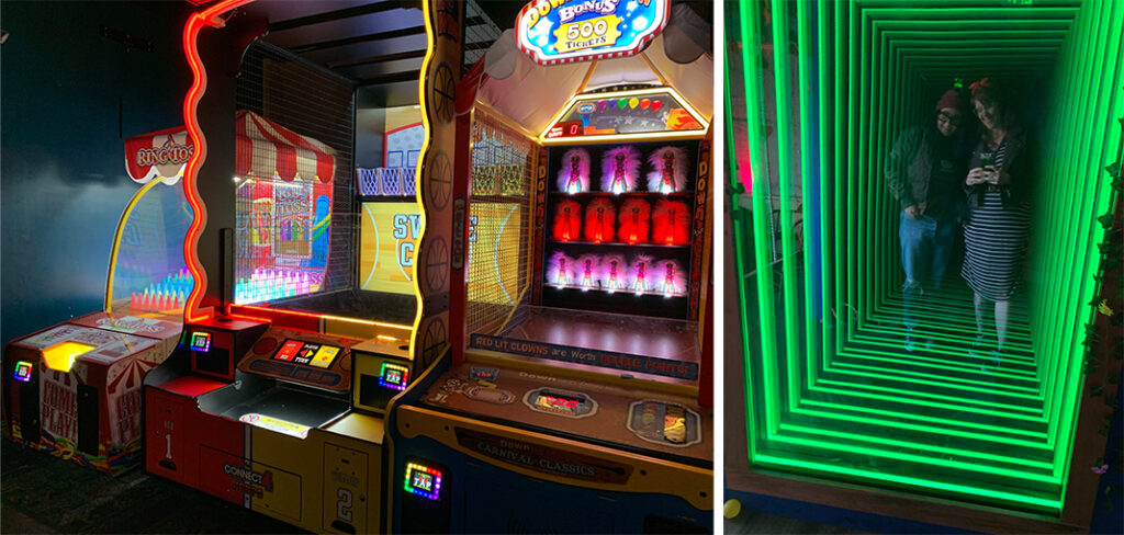 Some of the arcade games in Thriller (left). My friend Becka and myself inside the infinity mirror (right). - photos by Katy Atchison