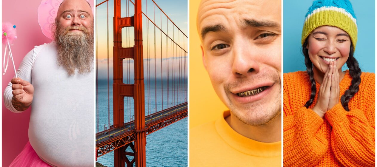 guy in fairy costume, golden gate bridge, silly guy with grill in yellow and asian girl smiling with bright sweater and hat