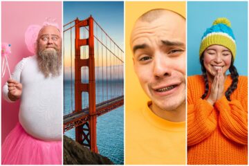 guy in fairy costume, golden gate bridge, silly guy with grill in yellow and asian girl smiling with bright sweater and hat