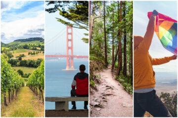 4 images in one collage. vineyard, man sitting in front of the golden gate bridge, redwoods and a man waving a LGBT flag
