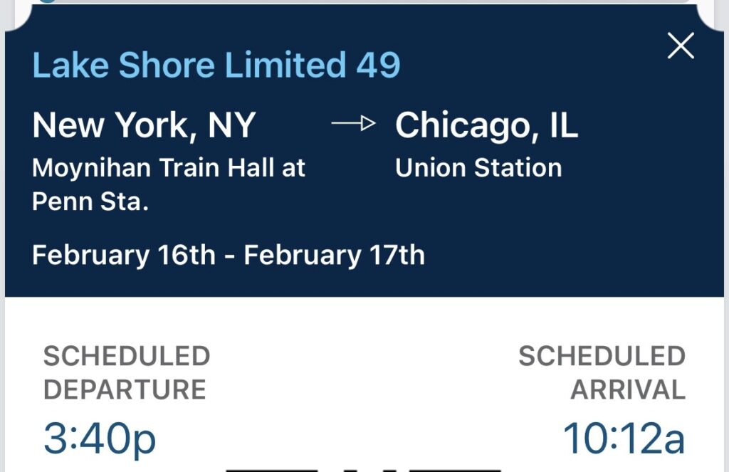 Ticket info for my train ride from NYC to Chicago