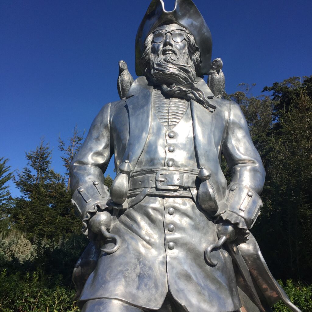 A closeup of the pirate statue in Golden Gate Park in San Francisco