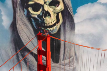 A skeleton over a bridge.