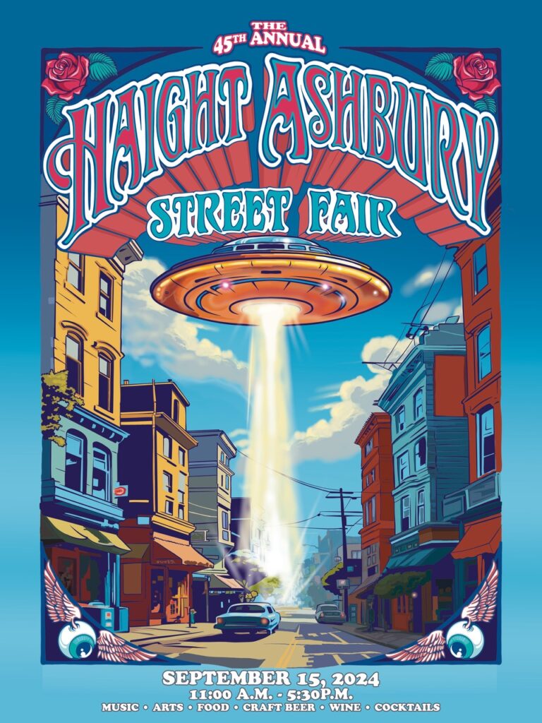 A poster says Haight Ashbury Street Fair. It is a street scene with a UFO hovering above.